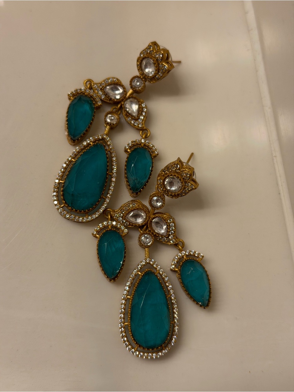 Turkish Gold-Tone Teal Crystal Drop Earringsp